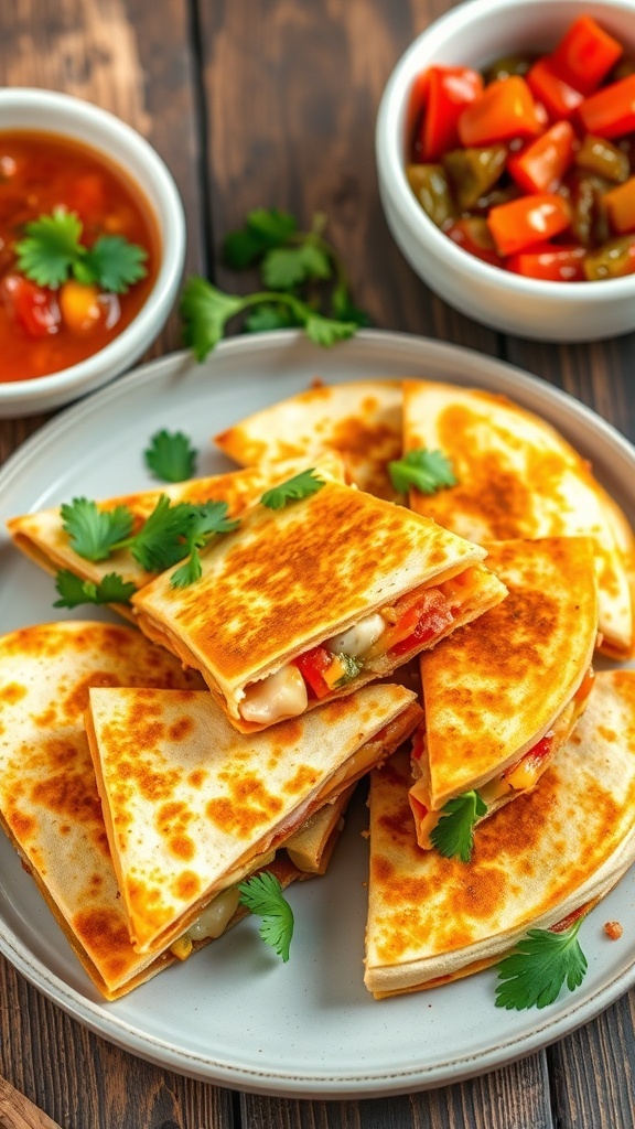 Cheesy Chicken Quesadilla Dinner Golden chicken quesadillas cut into wedges, served with salsa and guacamole on a rustic table.